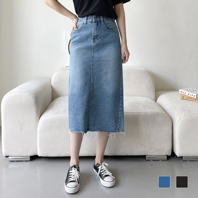 Váy midi denim lưng chữ T cắt váy dài denim nữ