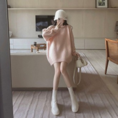 Áo len dệt kim trơn cổ tròn ấm cúng MFN dáng rộng cho nữ mùa thu đông bằng vải angora cashmere