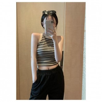 Áo crop top sọc cổ tròn không tay Áo thun ba lỗ có gân Xoài