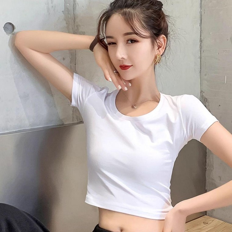 Nữ Cổ Tròn Trắng Crop Basic Áo Thun Crop Tee Tay Ngắn Mùa Hè Size Lớn Áo Thun Tay Ngắn In Trơn Nữ