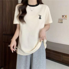 Thêu Thỏ Ringer Cổ Tròn Tay Ngắn Nữ Tay Ngắn MFN Nữ Áo Phông Cotton Tròn Áo Thun Tay Ngắn In Nữ Tay Ngắn Mùa Hè