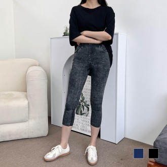 Newkia đá denim ba phần tư xà cạp phồng xà cạp quần skinny in hình mùa hè