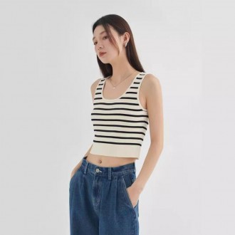 Áo ba lỗ sọc không tay crop top Áo ba lỗ MFN Áo ba lỗ Áo ba lỗ dây Áo ba lỗ dây Áo ba lỗ không tay