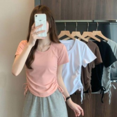 Áo thun crop slim fit side shirring áo thun tay ngắn Áo thun ngắn tay cổ chữ U bán ngắn áo thun crop top