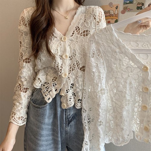 Eunchang] Họa tiết hoa lưới mùa hè cardigan lưới mùa hè crop bãi biển đồ bơi xuân thu áo khoác ngoài nữ kỳ nghỉ bikini đi biển