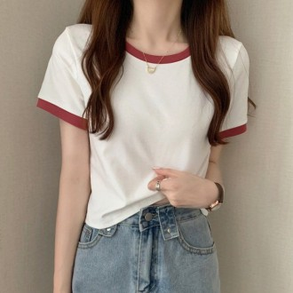 Áo thun ngắn tay crop top trơn phối màu HH-E43