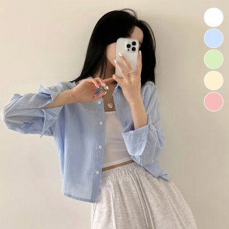 Áo thun mùa hè dáng suông, áo crop top, chất liệu mỏng, sọc mỏng