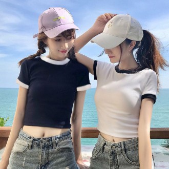 Áo thun cotton 2 màu kết hợp màu sắc ngắn tay áo thun crop top khiêu vũ mặc áo crop top