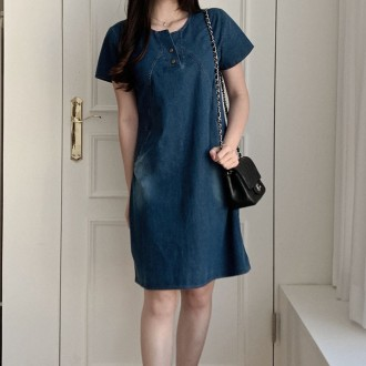 Váy midi ngắn tay denim đã giặt váy midi cổ điển