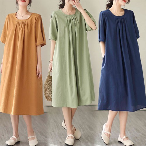 Eunchang] Màu sắc tâm trạng đường viền cổ áo xòe váy cotton váy mùa hè cotton pha đầm cỡ lớn dáng rộng vừa vặn tay phồng ngắn tay dài đầm nữ