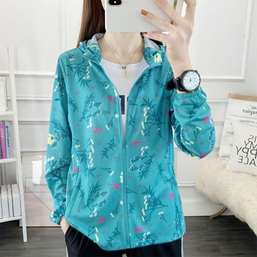 Eunchang] Lưới Urban Flower Leaf Áo gió Zip-up Jumper Jumper Mùa hè Hoody Áo khoác bãi biển Áo tắm mùa xuân mùa thu Áo khoác ngoài nữ