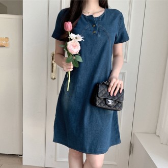 Váy Mini Denim Xuân Hè Vintage Tay Ngắn Váy Denim Một Mảnh