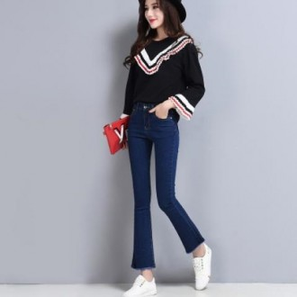 1786 Quần denim thun ống rộng viền 2 màu