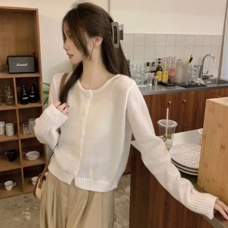 Áo len dệt kim cổ tròn nữ tính Áo cardigan đan xen giữa các mùa