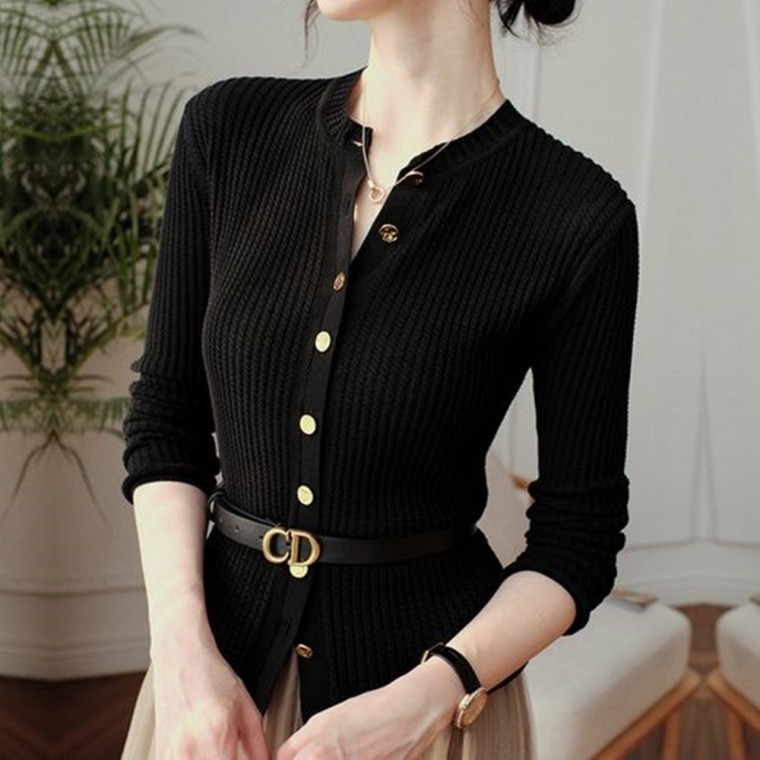 F5150 Áo cardigan ngắn dệt kim tròn nút vàng dáng mảnh