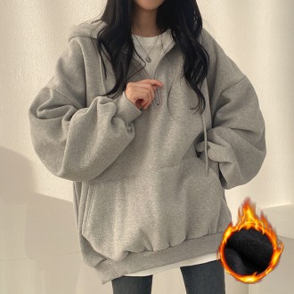 Áo hoodie chải nửa dây kéo màu xám hàng ngày dành cho nữ LK-T011