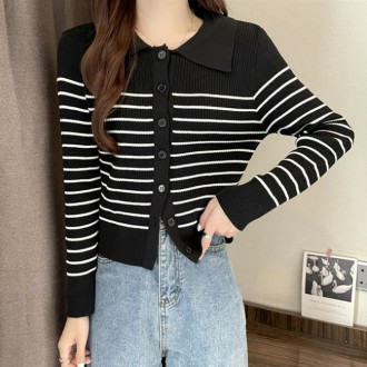 Áo cardigan dệt kim có cổ họa tiết sọc DHH-D96