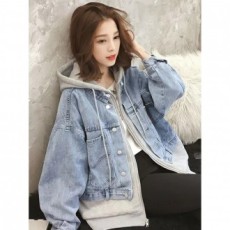 F1925 Áo khoác denim trùm đầu kiểu dáng layering, unisex dành cho cặp đôi