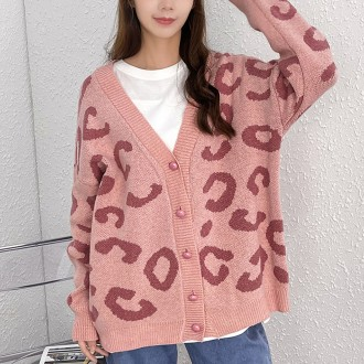 Milik áo cardigan dệt kim nút da báo họa tiết da báo 500322