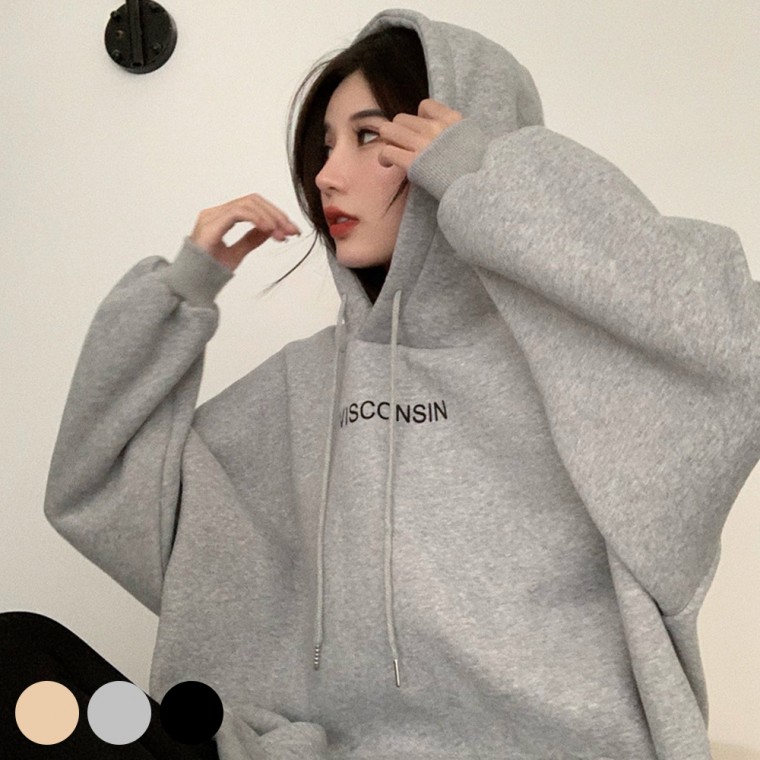 Áo hoodie dáng rộng vừa vặn phía trước và phía sau in tiếng Anh cho nữ