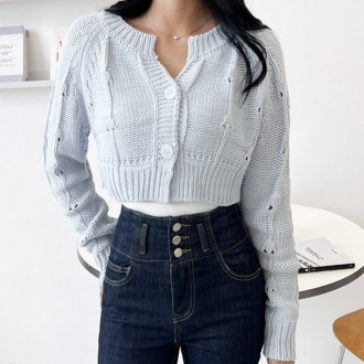 Áo Cardigan Nữ Dài Tay Cổ Tròn Crop Ngắn Cơ Bản Cơ Bản Hàng Ngày Thường Ngày Đấm