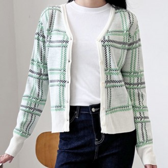 Áo len cardigan nữ dài tay cổ chữ V Cơ bản cơ bản hàng ngày Kiểm tra màu sắc mùa xuân mùa thu