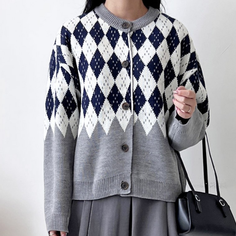 Áo cardigan dài tay cho nữ Nữ Xuân Thu Cơ bản Hàng ngày Cổ tròn Argyle