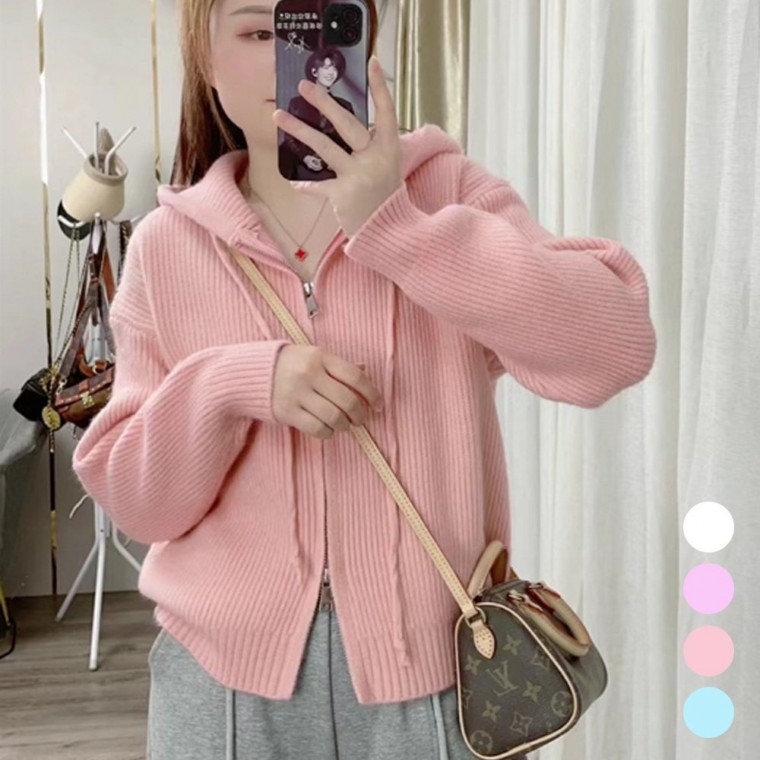 Áo khoác cardigan dài tay dày có mũ trùm đầu có gân màu pastel dành cho nữ