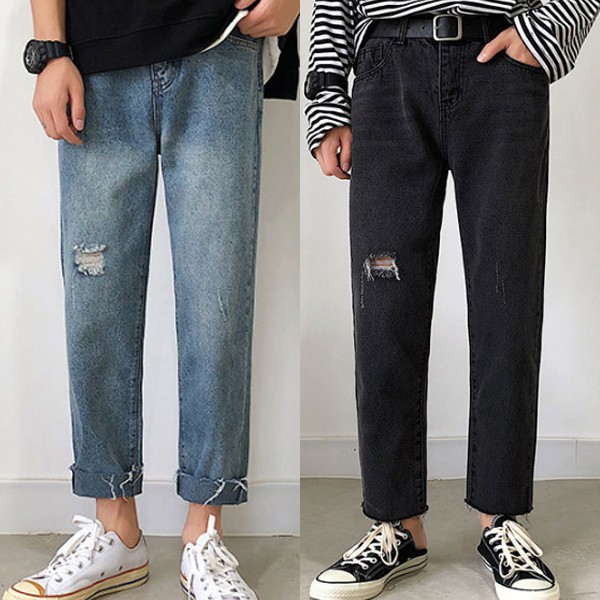 Quần Jean Nam Giặt Cắt Quần Jean Xanh Nhạt Quần Denim Quần Ống Suông INSUM13