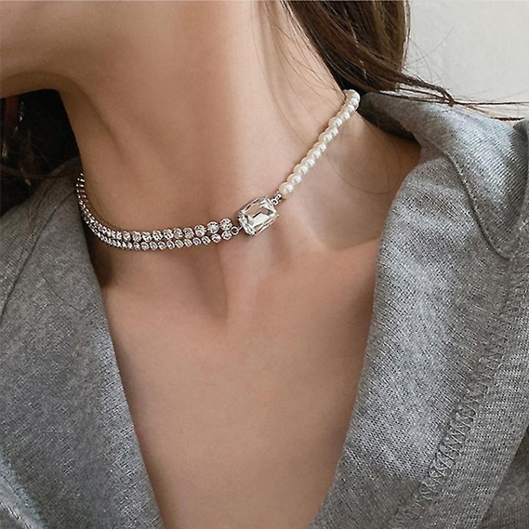 Vòng cổ choker nhiều lớp pha lê ngọc trai có thể điều chỉnh độ dài thời trang