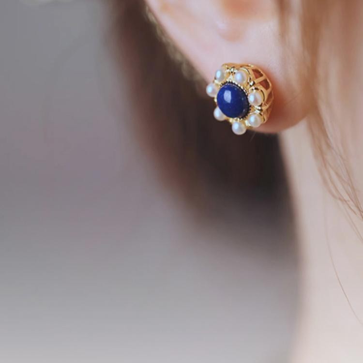 Bông tai cổ điển ngọc trai lapis lazuli retro châu Âu