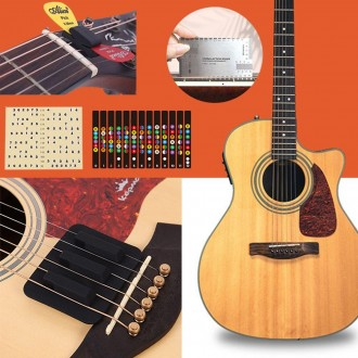 Bộ sưu tập đạo cụ guitar, thước đo, nhãn dán số, pad tắt tiếng, bộ chỉnh âm, bộ chỉnh âm, bộ phận tắt tiếng, bộ phận guitar acoustic, tiếng Anh