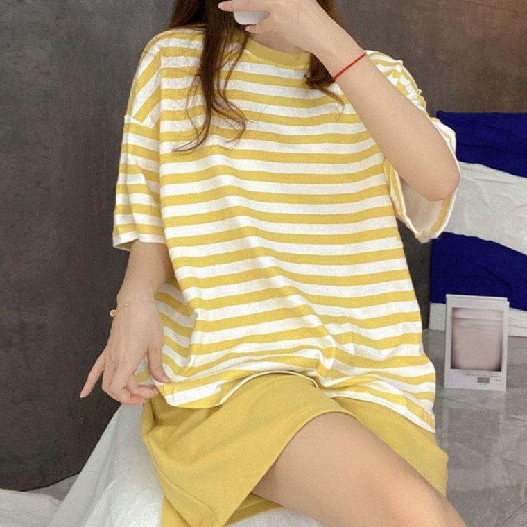 Nữ Mùa Hè Áo Thun Tay Ngắn In Áo Ngực Nắp Miếng Lót Tích Pyjama Set Màu Vàng Bộ Đồ Ngủ Nữ Áo Thun Tay Ngắn In mũ Lưỡi Trai