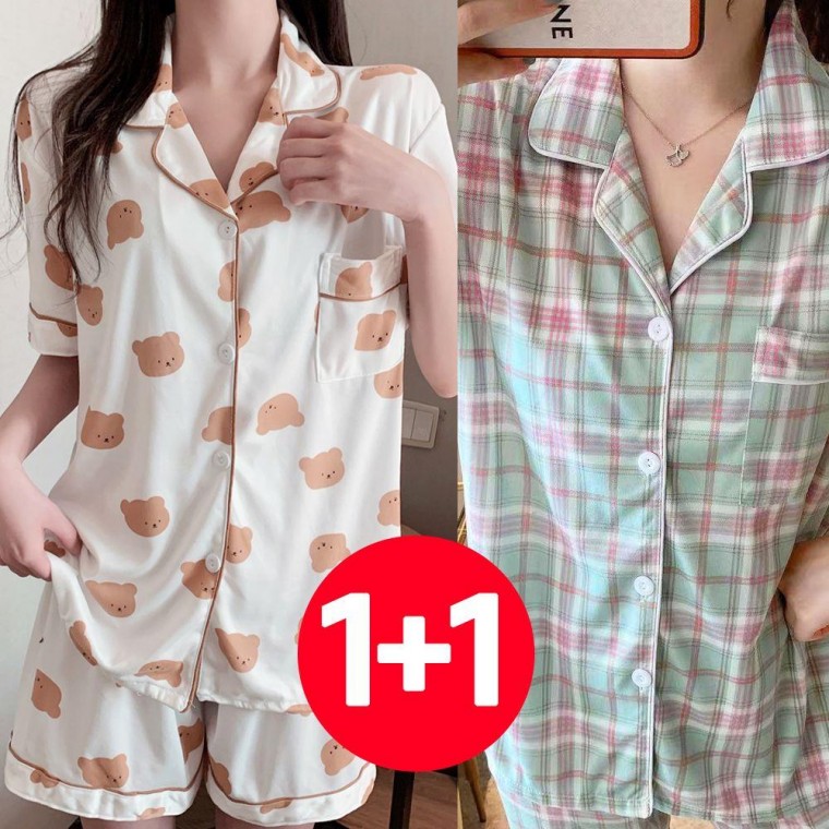 Bộ đồ ngủ nữ ngắn tay mùa hè gồm 2 bộ đồ ngủ màu kem bạc hà hình gấu quần short nữ đồ ngủ xinh xắn