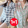 Phụ Nữ Mùa Hè Quần Ngắn Tay Bộ Pyjama Set 2 Mảnh Tartan Bạc Hà Bluegray Quần Short Bé Gái Kiểm Tra