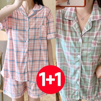 Bộ đồ ngủ nữ ngắn tay mùa hè gồm 2 bộ đồ ngủ cotton hoa mai bạc hà quần short nữ họa tiết kẻ sọc xinh xắn