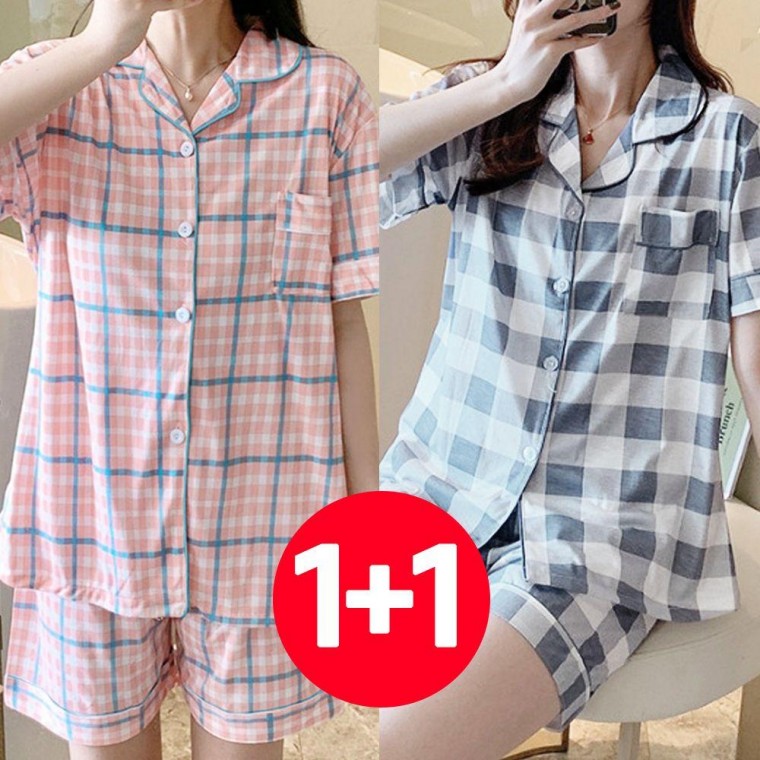 Bộ đồ ngủ ngắn tay mùa hè dành cho nữ 2 món màu mơ bluegray quần short bé gái kẻ sọc đồ ngủ