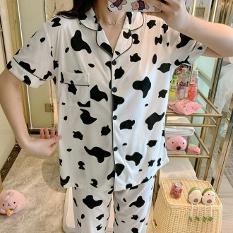 Phụ Nữ Mùa Hè Nữ Tay Ngắn Quần Dài Bộ Đồ Ngủ Pyjama Set Bò Trắng Bé Gái Xinh Xắn Đảng Nữ Tay Ngắn Dài Bộ Đồ Ngủ Dài