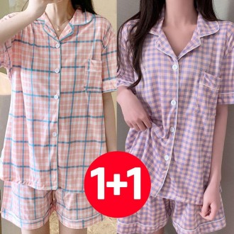 Bộ đồ ngủ nữ ngắn tay mùa hè gồm 2 bộ đồ ngủ màu hoa oải hương hoa mai quần short nữ kẻ caro xinh xắn