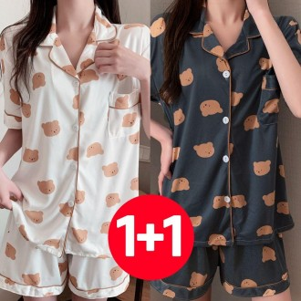 Nữ Ngắn Tay Mùa Hè Quần Pyjama Set 2 Miếng Kem Gấu Than Gấu Quần Short Nữ Dễ Thương Pyjama Áo Sơ Mi