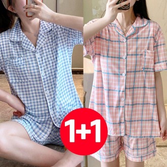 Bộ đồ ngủ nữ ngắn tay mùa hè bộ 2 món kẻ caro bầu trời mơ quần short nữ đồ ngủ xinh xắn