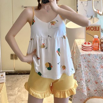 Đồ ngủ nữ có mũ, áo ba lỗ, quần short, bộ đồ ngủ, Mini B, mũ bra nữ mùa hè, không tay, áo ba dây dây.