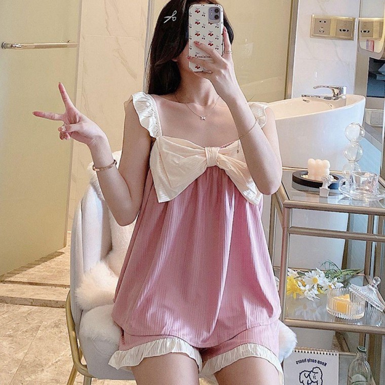 Nữ Mùa Hè Homewear Bộ Đồ Ngủ Đảng Tank Top Pyjama Set Hồng Nữ Homewear Quần Khá Thoáng Mát Dễ Thương