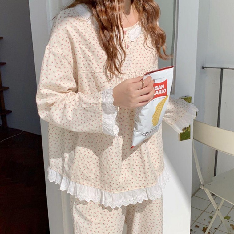 Phụ Nữ Homewear Ren Bộ Đồ Ngủ Áo Quần Xinh Xắn Pyjama Bộ Đảng Bé Gái Mùa Thu Tay Dài Tình Bạn Bộ Đồ Ngủ Ngủ