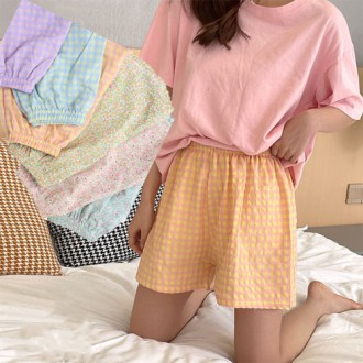 Eunchang] Họa tiết lưới hoa quần short cotton đồ ngủ quần ngủ quần dài quần mùa hè quần mát quần mùa hè quần sọc trơn