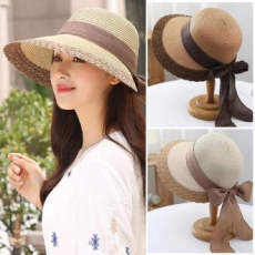 DS Amie Nữ Raffia Nắng Mũ Ruy Băng Cán Mây Nón Di Động UV UV Bảo Vệ Nón