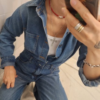 Bộ áo liền quần denim rộng giặt hàng ngày cho nữ