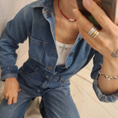 Bộ áo liền quần denim rộng giặt hàng ngày cho nữ