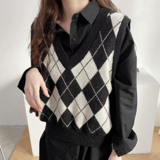 Nữ Kim Cương Argyle Đan Áo Vest Lớp Áo Vest Thường Ngày Áo Phông Miền Nam Phối Hợp Đa Năng