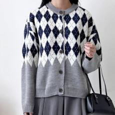 Áo cardigan dài tay nữ nữ mùa xuân thu cơ bản hàng ngày cổ tròn thông thường Argyle